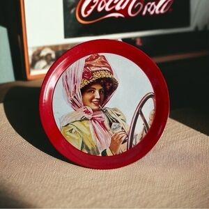 Vintage Coca-Cola Red Tin Coaster Tip Tray 3.5" Collectible Bar Accessory VG